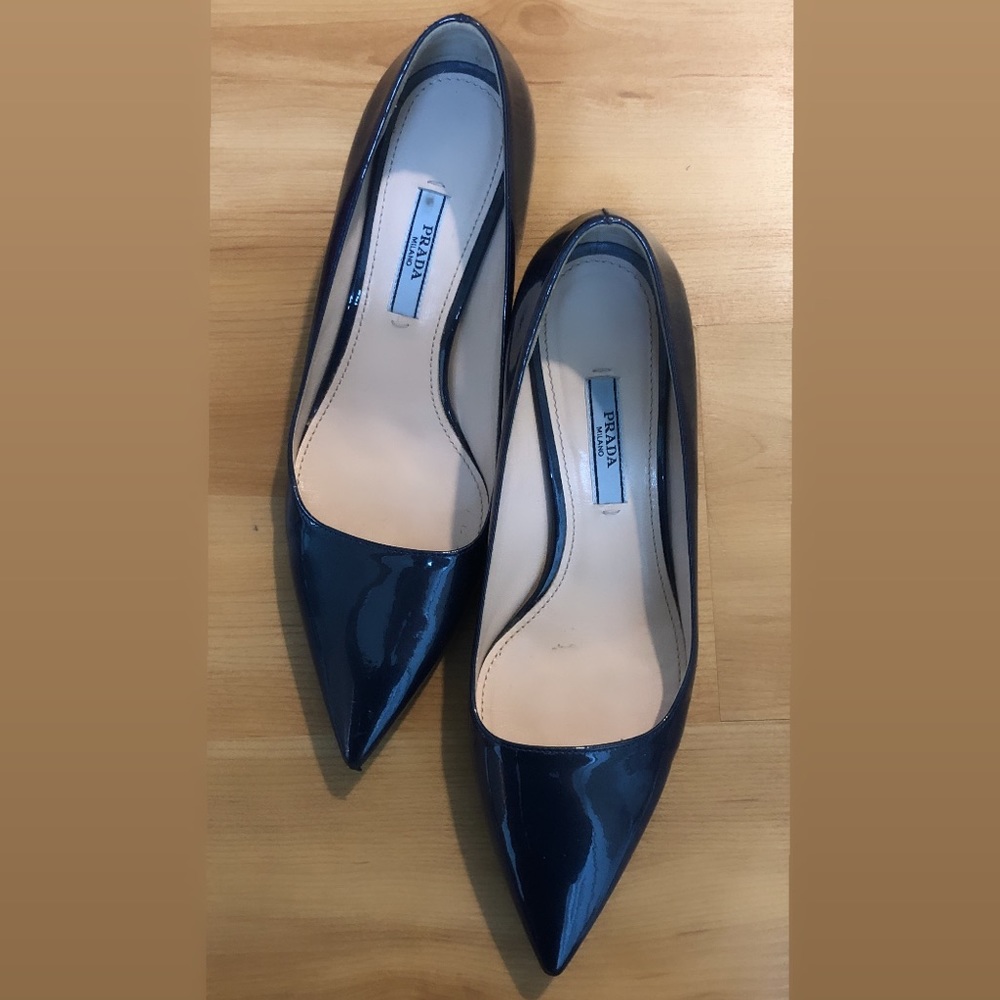Prada Beautiful Navy Enamel Heels